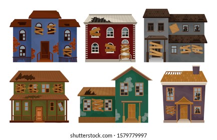 Abandoned Houses Collection, Old Facades of One Storey and Two Storey Buildings Vector Illustration