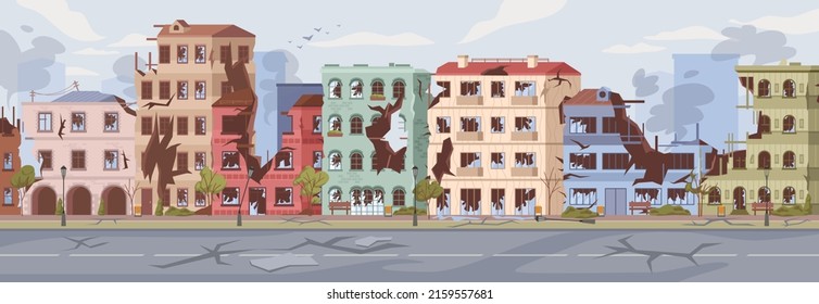 Abandoned houses and multi story buildings of city. Damages and destroyed infrastructure in town. Cityscape with consequences of catastrophe vs cataclysm. Disaster or earthquake vector illustration