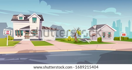 Abandoned houses for sale, crashed cottages with boarded up and broken windows, cracked walls and signboards on front yard. Old ruined buildings in downtown suburb area. Cartoon vector illustration