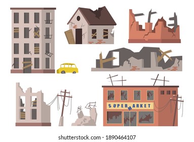 Abandoned houses set. Old ruined city buildings, apartment houses and supermarkets debris, torn power lines. Vector illustrations collection for disaster, collapse, earthquake concept