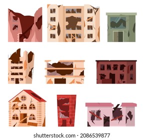 Abandoned houses set. Ruined abandoned houses set, old buildings, broken dilapidated dwelling, supermarket real estate