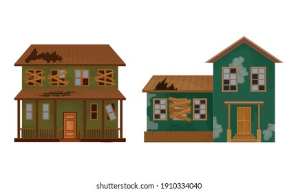 Abandoned Houses and Two-storeyed Buildings with Boarded up Windows and Ruined Roof Vector Set