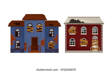 Abandoned Houses and Two-storeyed Buildings with Boarded up Windows and Ruined Roof Vector Set