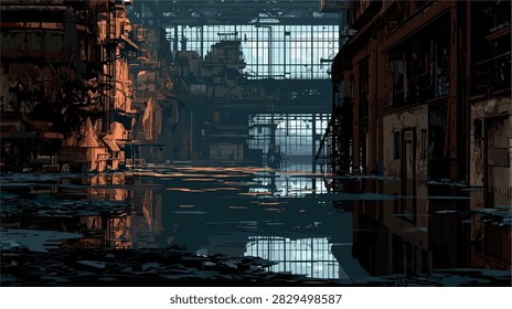 Abandoned Industrial Factory Interior with Flooded Floor Reflections