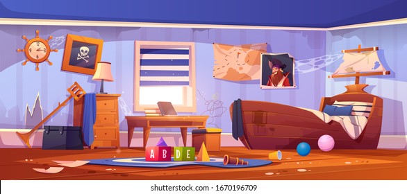 Abandoned kids bedroom in pirate style, neglected empty interior with ship bed, captain portrait, spiderweb on wall, ragged wallpaper, children room with scattered rubbish, cartoon vector illustration