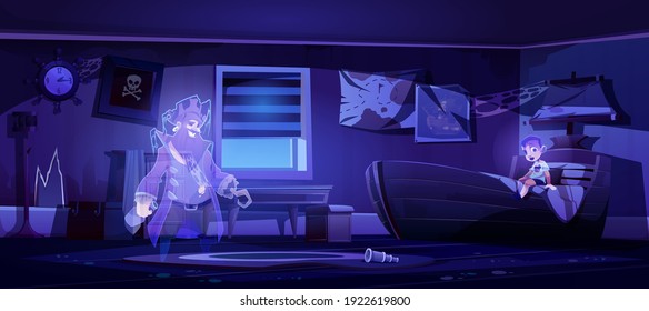 Abandoned kids room at night with ghosts of pirate and little boy in darkness. Scary old interior with moonlight falling on floor through window, halloween spooky scene. Cartoon vector illustration