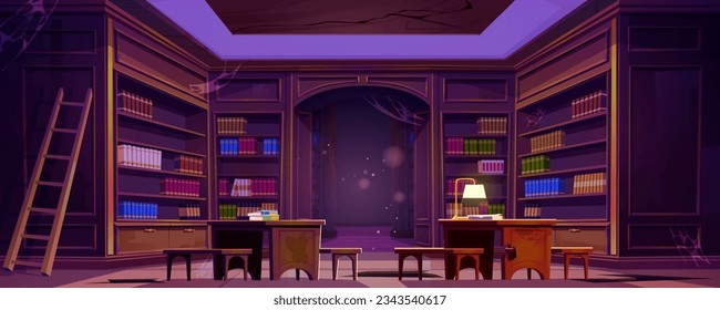 Abandoned library with old books on dusty shelves and working desks with lamps. Vector cartoon illustration of large room with bookshelves and walls covered with cobweb. Haunted archive interior