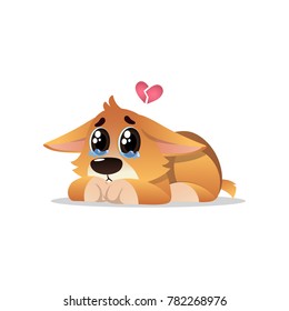 Abandoned little corgi with tears on eyes. Lonely puppy lies with broken pink heart over his head. Cartoon dog character. Domestic animal. Flat vector design