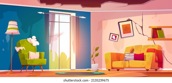 Abandoned living room interior, neglected apartment with cracked wall, holes in ceiling or floor, old broken furniture, deserted home or hotel after war or natural disaster Cartoon vector illustration