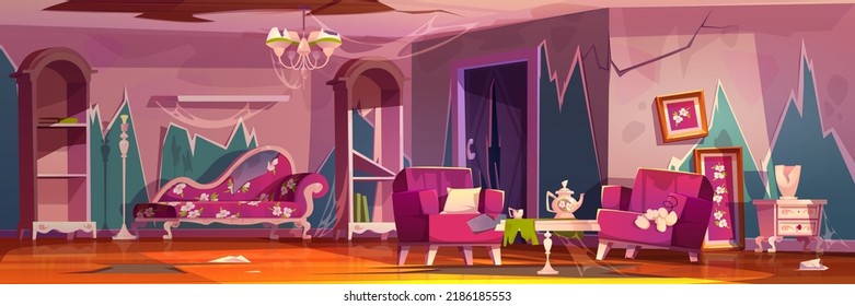 Abandoned living room interior in princess style. Broken pink furniture with floral pattern, cracked walls, ragged wallpapers and spider web. Neglected hunted apartment, Cartoon vector illustration