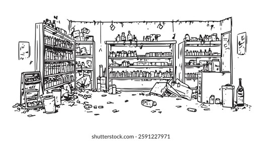 abandoned looted store with broken shelves in sketch style