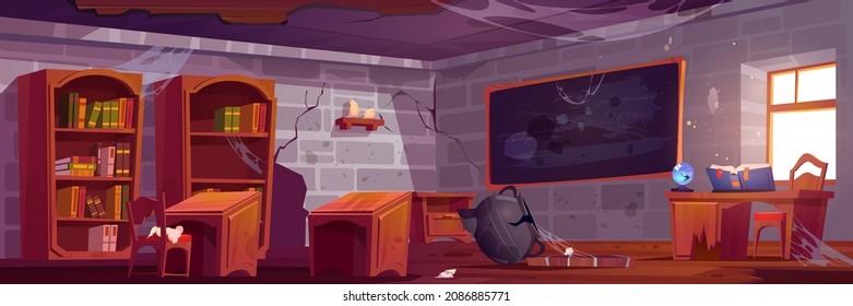 Abandoned magic school, empty classroom interior with broken furniture, cracked walls, wooden desks and spider webs on blackboard with chalk writings, crushed cauldron, Cartoon vector illustration