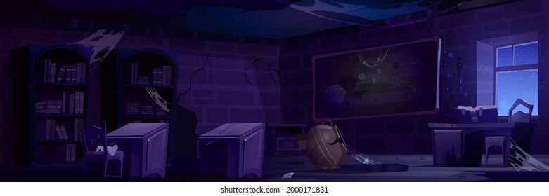 Abandoned magic school, night classroom interior with broken furniture, cracked walls, wooden desks and spider webs on blackboard with chalk writings, crushed cauldron, Cartoon vector illustration