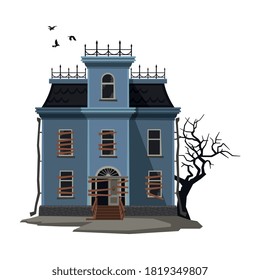 Abandoned Majestic Mansion with Creepy Tree and Birds Flying Around, Halloween Haunted House Vector Illustration