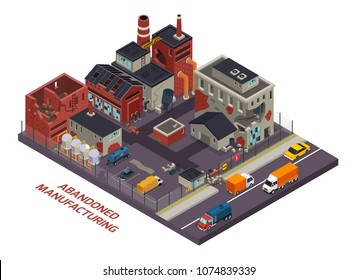 Abandoned manufacturing isometric  composition of old industrial buildings with destroyed walls and roofs vector illustration 