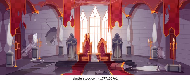 Abandoned medieval castle with gold royal thrones. Vector cartoon interior of old dirty palace with king and queen chairs, stone statues of knights, torn flags and broken columns and floor