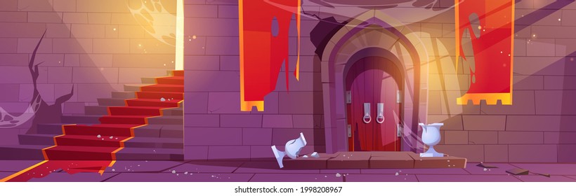 Abandoned medieval castle interior. Dilapidated fairytale palace with cracked wooden arched door, broken flower pots, ragged banners on wall and spiderweb over stone stairs Cartoon vector illustration