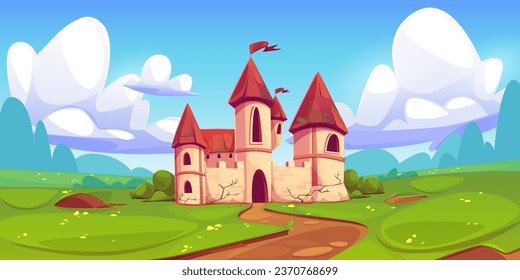 Abandoned medieval fairytale princess castle landscape vector background. Magic kingdom palace game meadow scene with green grass, road and blue sky. Fantasy middle age dirty mansion with vine