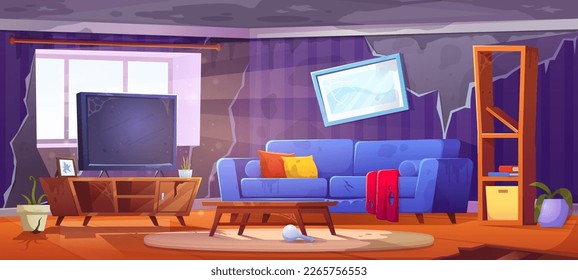 Abandoned messy living room interior with dirty sofa cartoon vector illustration. Broken tv and furniture, disorder at home chaos and untidy couch background. Empty cluttered apartment, office lounge