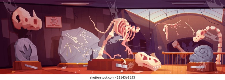 Abandoned museum and broken fossil dinosaur cartoon vector exhibit. Tyrannosaurus paleontology disaster illustration. Dirty old jurassic gallery room interior with spider web on window and bone svg