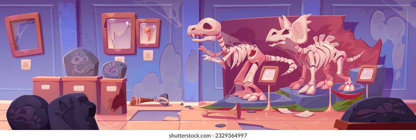 Abandoned museum with fossil dinosaur skeleton. Messy archeology and paleontology room with tyrannosaurus footprint, triceratops skull and ammonite stone. Broken interior in prehistory gallery