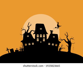 Abandoned mystical house in cemetery illustration. Spooky old palace silhouette with dry trees and gravestones with flying witch vector broomstick.