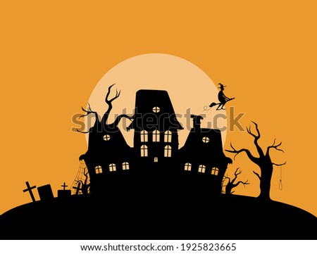 Abandoned mystical house in cemetery illustration. Spooky old palace silhouette with dry trees and gravestones with flying witch vector broomstick.