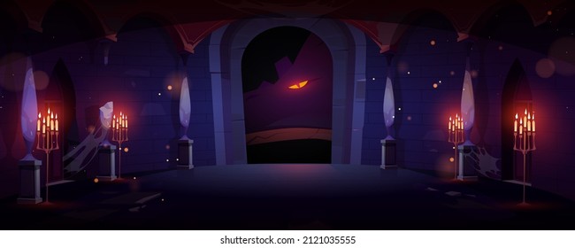 Abandoned night castle ballroom, empty palace hall interior with glowing candles, spiderweb and floor-to-ceiling arched window with creepy glowing monster eye outside, Cartoon vector Illustration