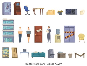 Abandoned office icons set cartoon vector. Broken customer service. Damaged furniture