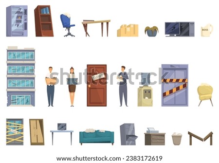 Abandoned office icons set cartoon vector. Broken customer service. Damaged furniture