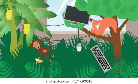 An Abandoned Office Where Nature Has Taken Over. In The Workplace, Trees And Animals Grow. Return To Work After The Quarantine Caused By The Coronavirus Pandemic. 