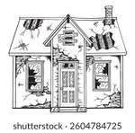 Abandoned old broken brick house.  Old house exterior. Hand drawn sketch on white background. Graphic black white isolated sketch illustration vector