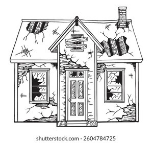 Abandoned old broken brick house.  Old house exterior. Hand drawn sketch on white background. Graphic black white isolated sketch illustration vector