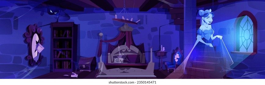 Abandontes altes Schlosenzimmer mit schwimmender Prinzessin-Geist-Cartoon-Illustration. Wunderschönes Palastbett Zimmer mit totem Charakter. Zerbrochene königliche Frauenwohnung um Mitternacht gruselige Szene