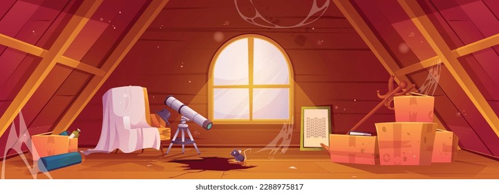 Abandoned old house attic wood interior with dust vector background. Dirty loft storage with spider web, hole in floor and box cartoon illustration. Telescope near cover armchair in garret for game.