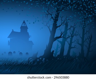 Abandoned old house and cemetery in the night forest during Halloween; Cabin in the woods; Vector Eps10