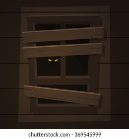 The abandoned old house with scary eyes on the window.
