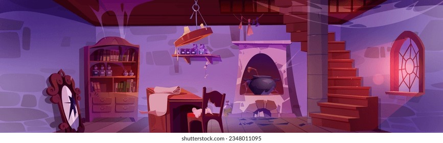 Abandoned old magic wizard room cartoon background. Medieval witch interior with book, potion, scroll, cauldron and staircase in castle tower. Bookshelf near cracked mirror and spider web on wall