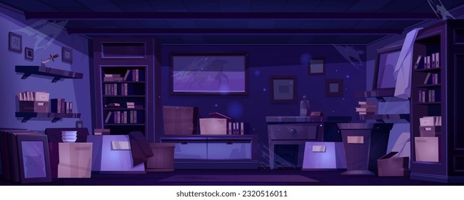 Abandoned old room with furniture and stuff. Vector cartoon illustration of mysterious night house with cobweb on walls, dusty books on shelves of vintage bookcases, packed moving boxes on floor