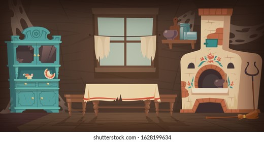 Abandoned old russian, ukrainian rural house with oven, dirty cupboard and table, torn curtains on the window. Vector cartoon illustration of empty wooden room, traditional russian kitchen with stove