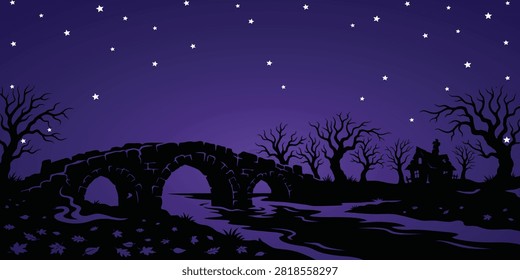 Abandoned old stone bridge and spooky haunted house silhouette at night