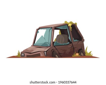 Abandoned Overgrown Passenger Car With Broken Windows Cartoon Vector Illustration