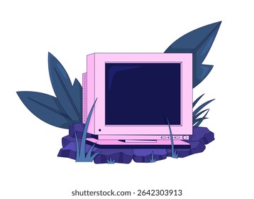 Abandoned pink CRT monitor in nature 2D cartoon object. Old technology in rocky lush plants. Y2K tech. Electronics nostalgia isolated element flat vector clip art on white. Spot illustration