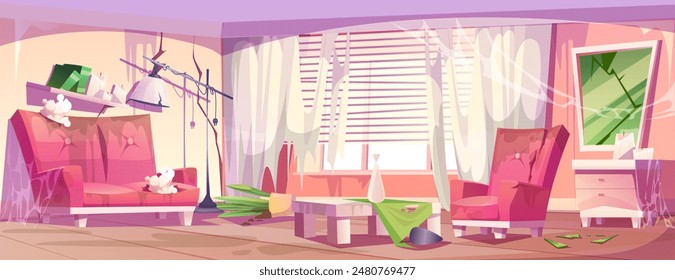 Abandoned pink living room interior. Vector cartoon illustration of damaged couch and armchair, broken mirror on wall, dust and cobweb on cracked furniture, torn curtains on window in dirty apartment