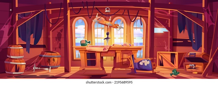 Abandoned pirate captain ship cabin. Broken room interior, game background with damaged corsair stuff. Table with bottle, map, cracked treasure chest, ragged curtains, Cartoon vector illustration - Shutterstock ID 2195689595