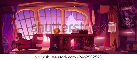 Abandoned pirate ship cabin interior with broken window, damaged furniture and bottle, wanted placard, cobweb and garbage. Cartoon vector illustration of dirty and messy crashed boat inside.