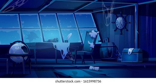 Abandoned Pirate Ship Cabin At Night. Scary Halloween Background. Vector Cartoon Illustration Of Empty Destroyed Interior Of Old Wooden Room With Broken Furniture And Messy Walls With Spiderweb