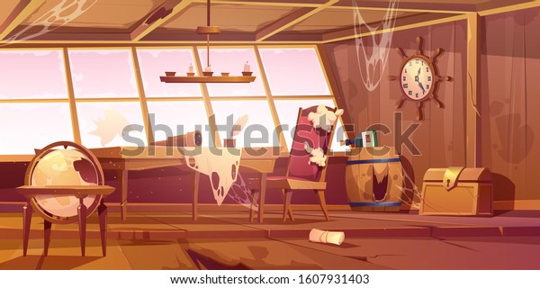 Abandoned pirate ship cabin. Vector cartoon\
illustration of empty destroyed interior of old wooden room with\
broken furniture and windows, messy walls with spiderweb. Scary\
Halloween background