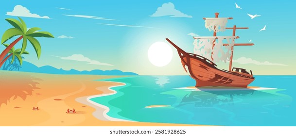 Abandoned pirate ship on tropical beach at sunset. Vector illustration