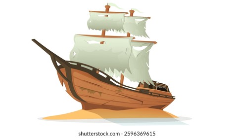 Abandoned pirate shipwreck with torn sails on a sandy shore. Vector illustration